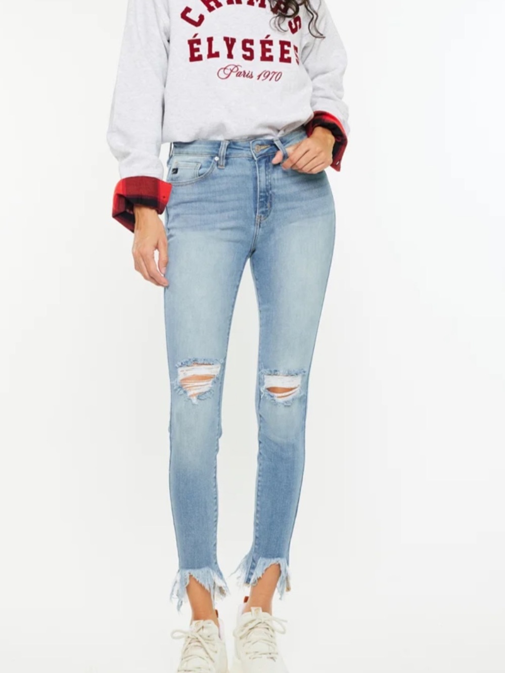 Kancan High Rise Ankle Women’s Light Blue Distressed Frayed Hem Jeans Size 9/28